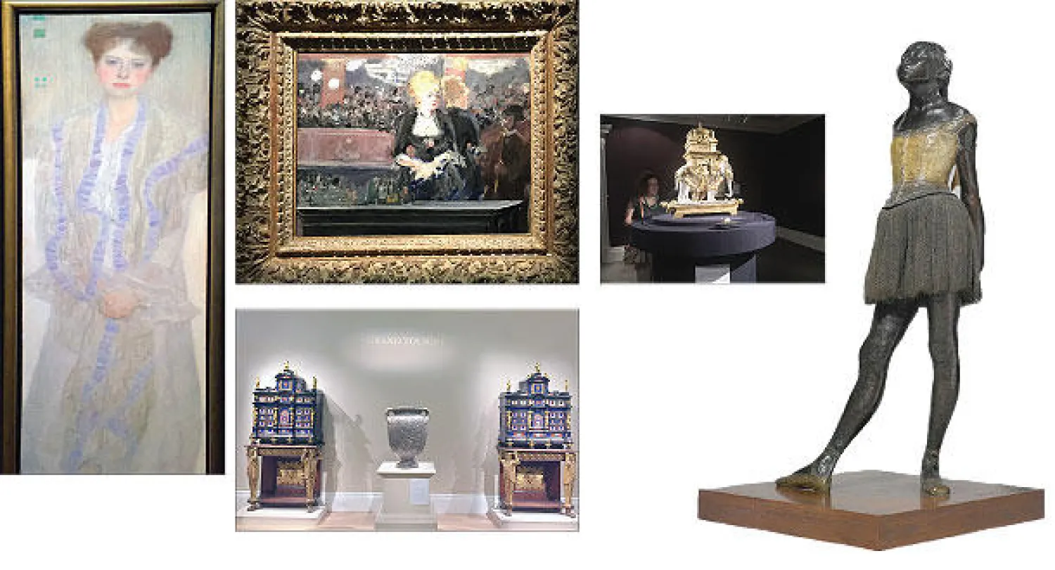 «راقصة الباليه الصغيرة» إدغار ديغا و حاوية للشراب على هيئة فيل صنعت من الكريستال والذهب و لوحة «حانة فولي بيرجير» لإدوار مانيه و من مجموعة لورد كارلايل و لوحة «بورتريه غرترود لو» لغوستاف كليمت