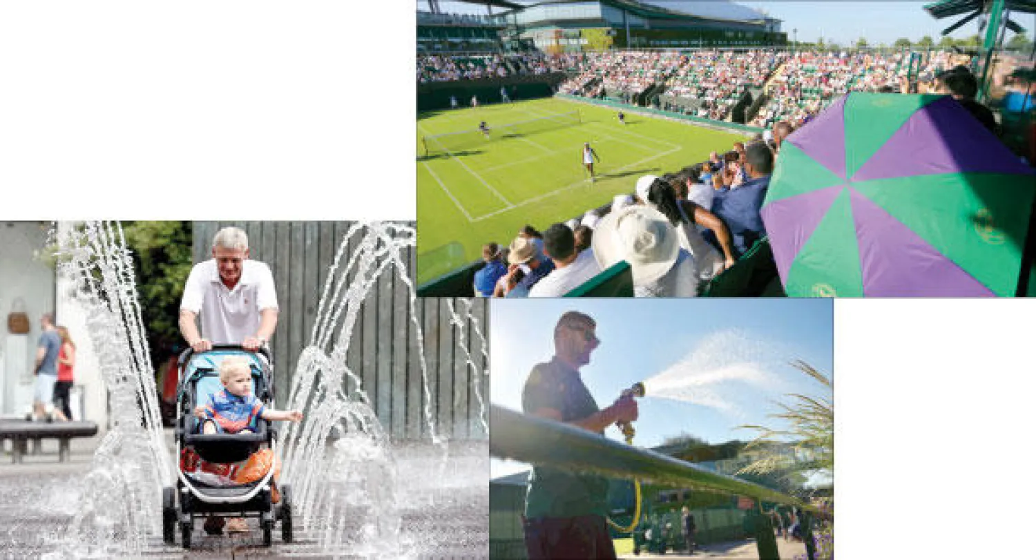 ويمبلدون يشهد معدلاً قياسيًا في ارتفاع درجات الحرارة (أ.ب)  -  عامل يرش العشب الأخضر في ملعب يمبلدون ضد الحرائق (إ.ب.أ)  -  موجة حر تضرب بريطانيا ومصدرها أفريقيا (أ.ف.ب)