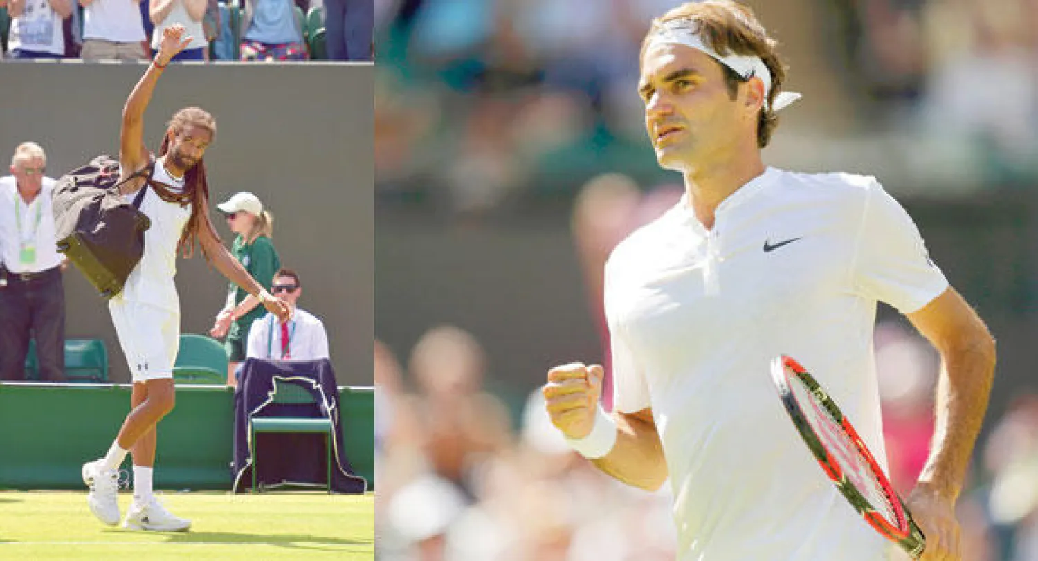 فيدرر واصل عروضه القوية وفاز على الأسترالي غروث (رويترز)  -  براون يحمل حقائبه مغادرًا ويمبلدون (أ.ف.ب)