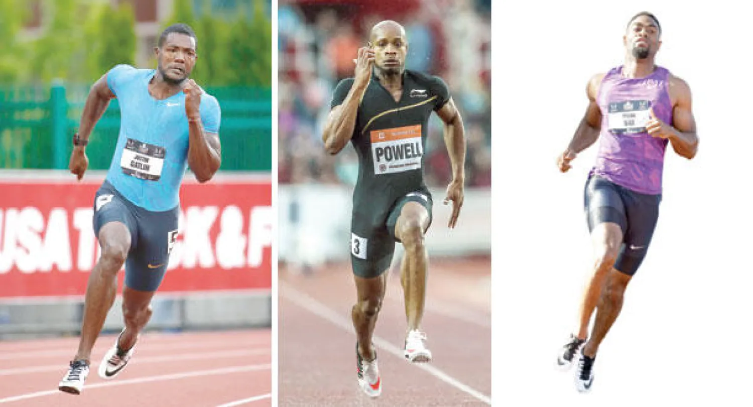 الأميركي تايسون غاي (أ.ب)  -  الجامايكي أسافا باول (إ.ب.أ)  -  الأميركي جاستن غاتلين (أ.ف.ب)