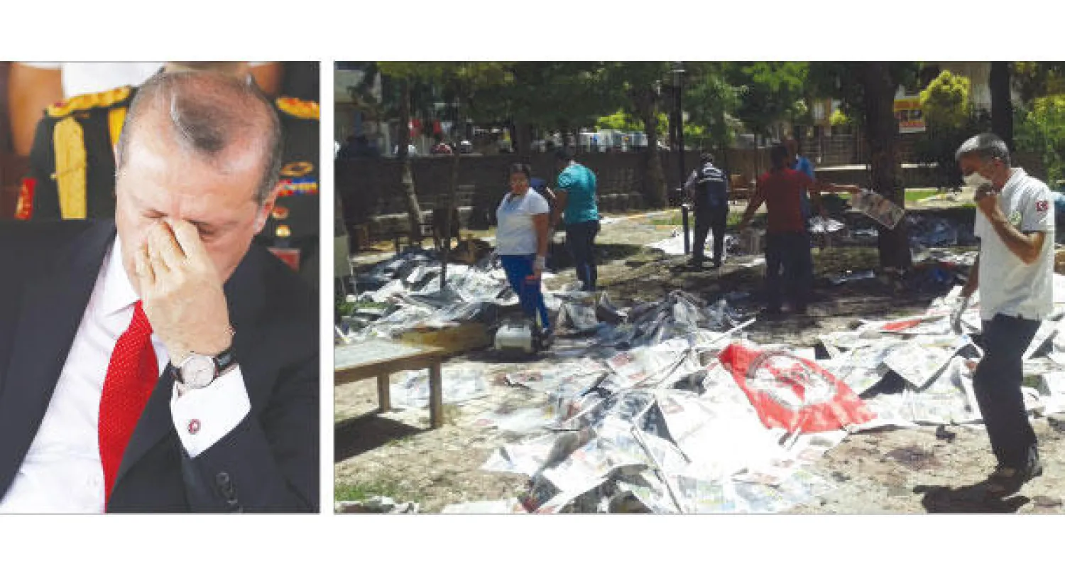 أجساد مغطاة بورق الصحف بعد أن حولها الانفجار الشديد إلى أشلاء (إ.ب.أ)، و الرئيس التركي رجب طيب إردوغان خلال حفل استقبال في نقوسيا أمس وبدا القلق عليه (أ.ف.ب)