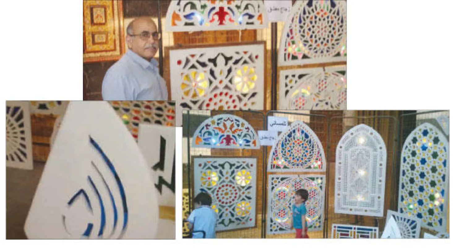 تلمساني مع منتجاته من الزجاج المعشق، زجاج معشق نوافذ بألوان زاهية ومنظر جميل، لفظ الجلالة على زجاج معشق.