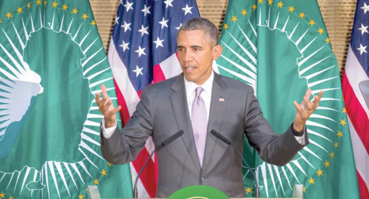الرئيس الأميركي باراك أوباما خلال إلقاء كلمة أمام الاتحاد الأفريقي في أديس أبابا أمس (أ.ب)