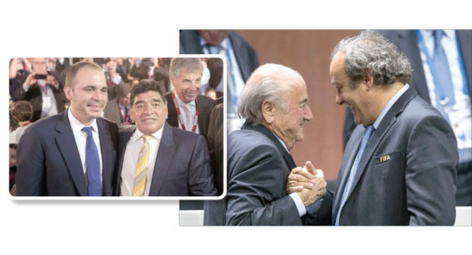 بلاتيني يستعد لخلافة بلاتر في رئاسة الفيفا (أ.ب)، الأمير علي بن الحسين ومارادونا هاجما بلاتيني (أ.ف.ب)