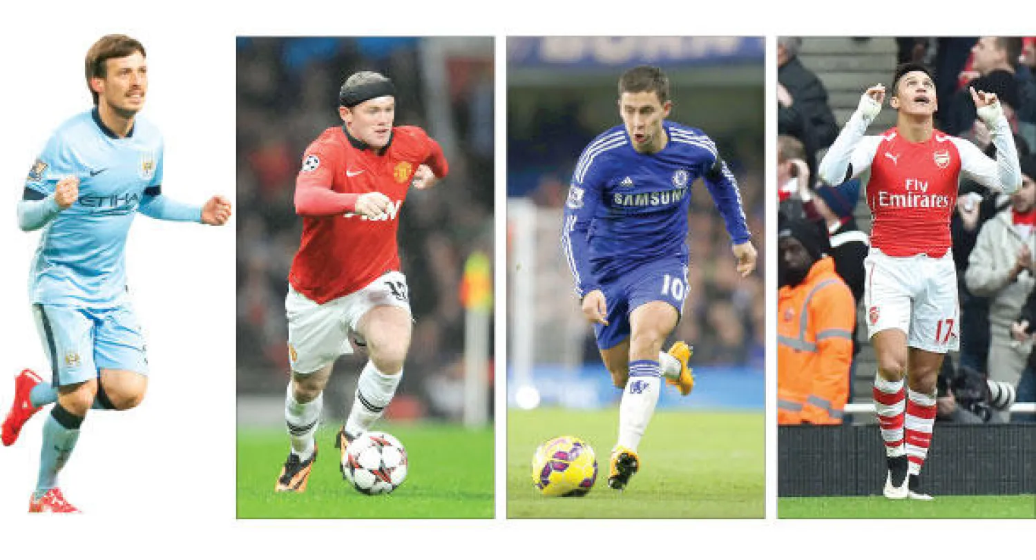 سانشيز.. موهبة خلاقة في آرسنال (أ.ف.ب)، هازارد أحد أعمدة تشيلسي (أ.ف.ب)، روني قائد مانشستر يونايتد (إ.ب.أ)، سيلفا.. ورقة رابحة في سيتي (رويترز)
