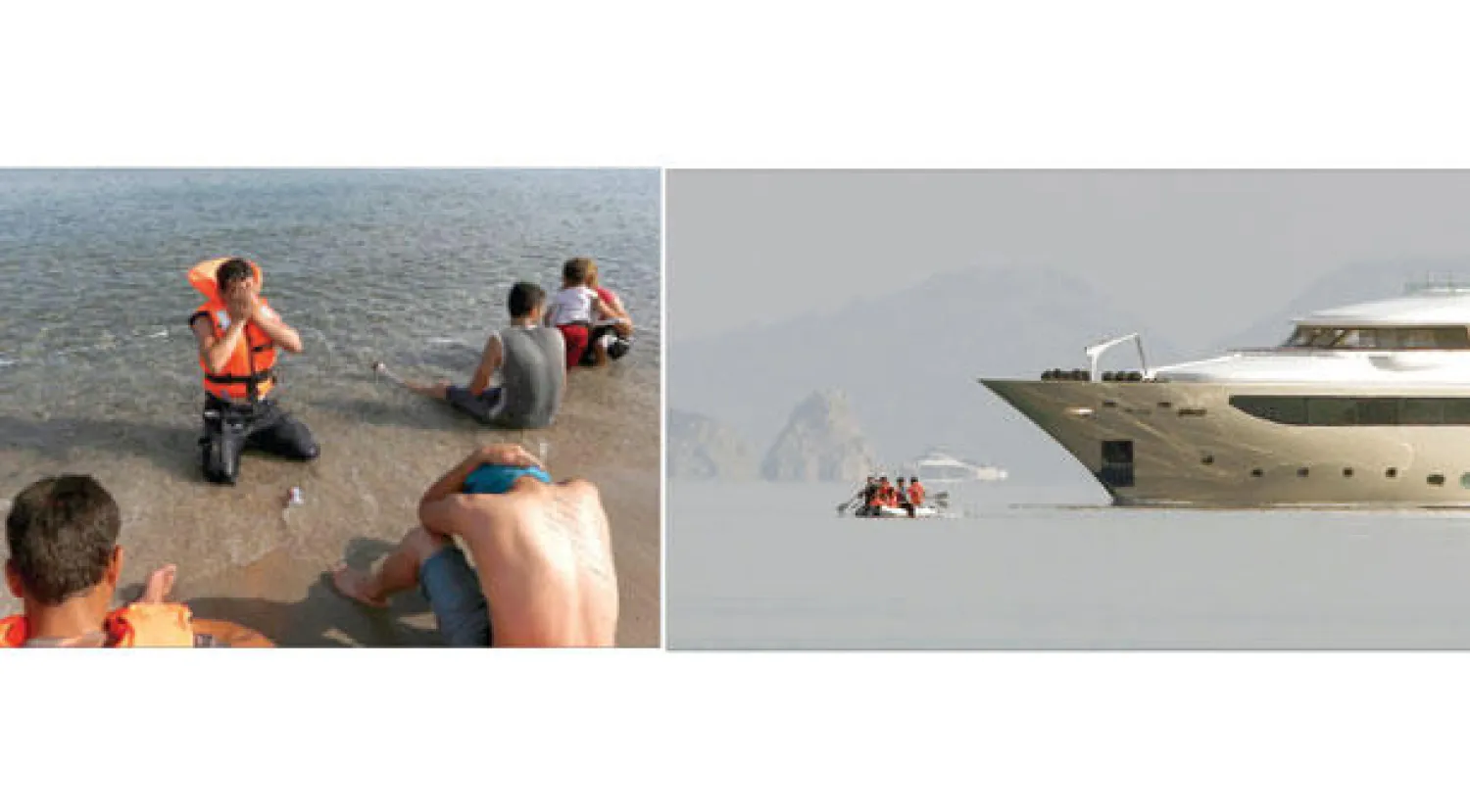 عملية لانقاذ مهاجرين إيرانيين كانوا في قارب خشبي في بحر إيجة باتجاه شواطيء جزيرة كوس اليونانية أمس (رويترز)