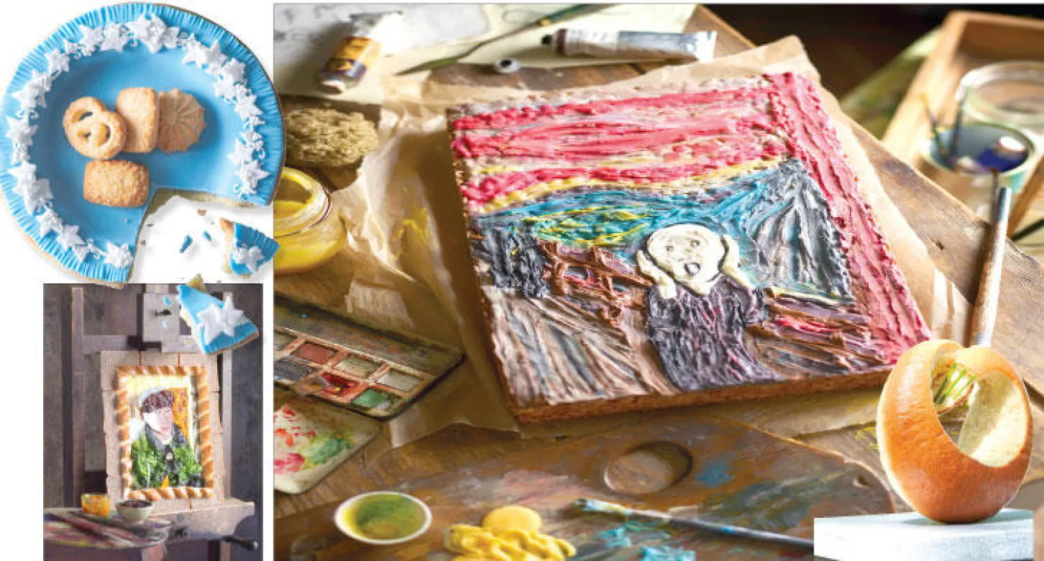 لوحة «الصرخة» لإدوار مونك مصنوعة من البسكويت، لوحة للفنان العالمي فان غوخ مصنوعة من قطع الخبز والجبن والخس