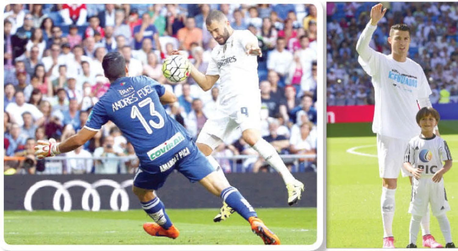 رونالدو نجم ريال مدريد بصحبة الطفل زيد ابن المهاجر السوري الذي عرقلته مصورة مجرية (أ.ف.ب)، رأسية بنزيمة تمنح الفوز لريال مدريد (إ.ب.أ)