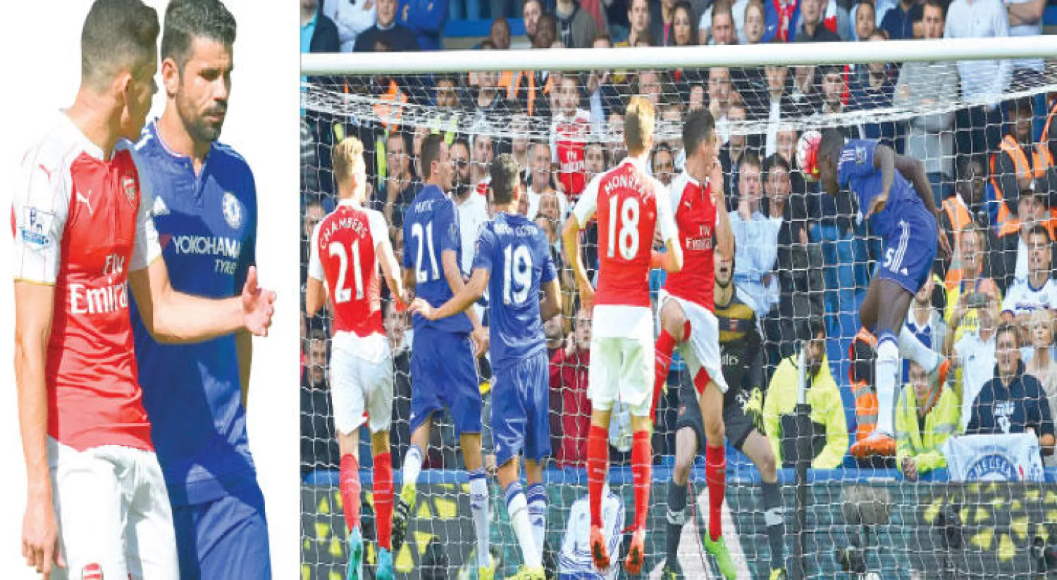 المدافع  زوما يفتتح التسجيل لتشيلسي بضربة رأس (أ.ف.ب)، كوستا لاعب تشيلسي تسبب في طرد غابرييل باوليستا لاعب آرسنال (رويترز)