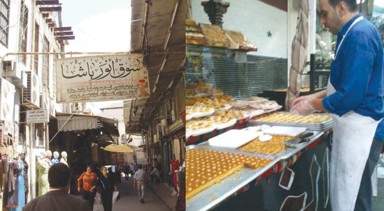 حلواني في سوق دمشقية شعبية يعرض حلوياته قبل أيام قليلة من عيد الأضحى المبارك  -  ارتفاع أسعار الملابس في دمشق حرم الكثير من السوريين من شراء ألبسة جديدة للاحتفاء بقدوم عيد الأضحى
