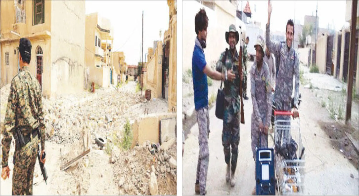 ميليشيات موالية للحكومة تنهب بضائع في تكريت (هيومن رايتس ووتش)، مقاتل موال للحكومة يجول بتكريت بعد استعادتها من داعش (رويترز)