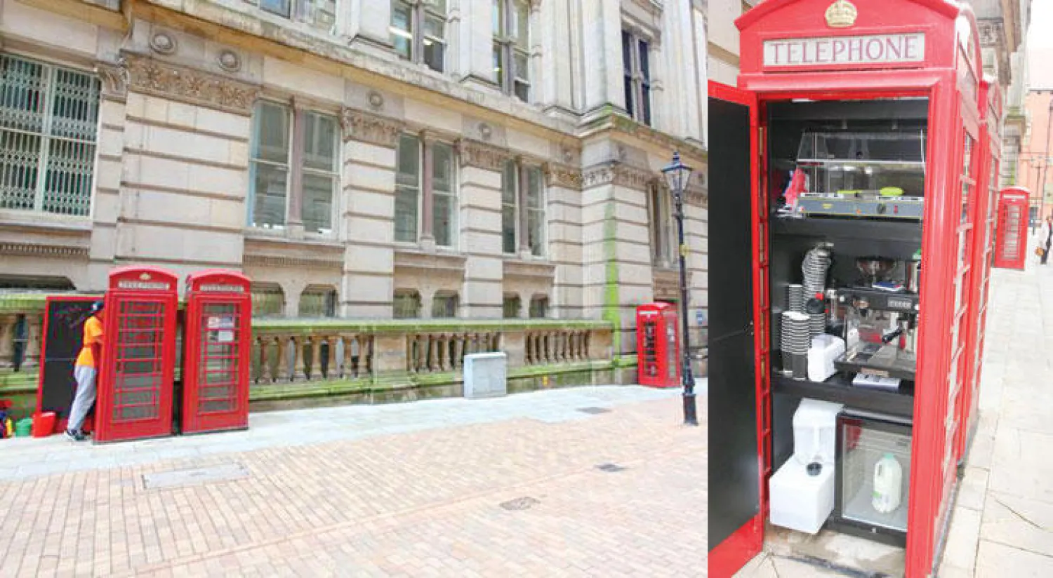 يضم ماكينة قهوة ويبيع المعجنات  -  كشك هاتف تقليدي يتحول إلى مقهى