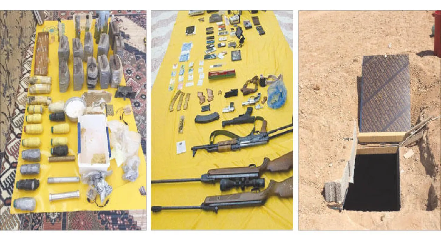 مخزن تحت الارض حيث كان يخزن السلاح والمتفجرات، ..وبعض الاسلحة والذخيرة والمتفجرات وأجهزة اتصال وتفجير عن بعد التي عثر عليها من قبل القوات الامنية (واس)