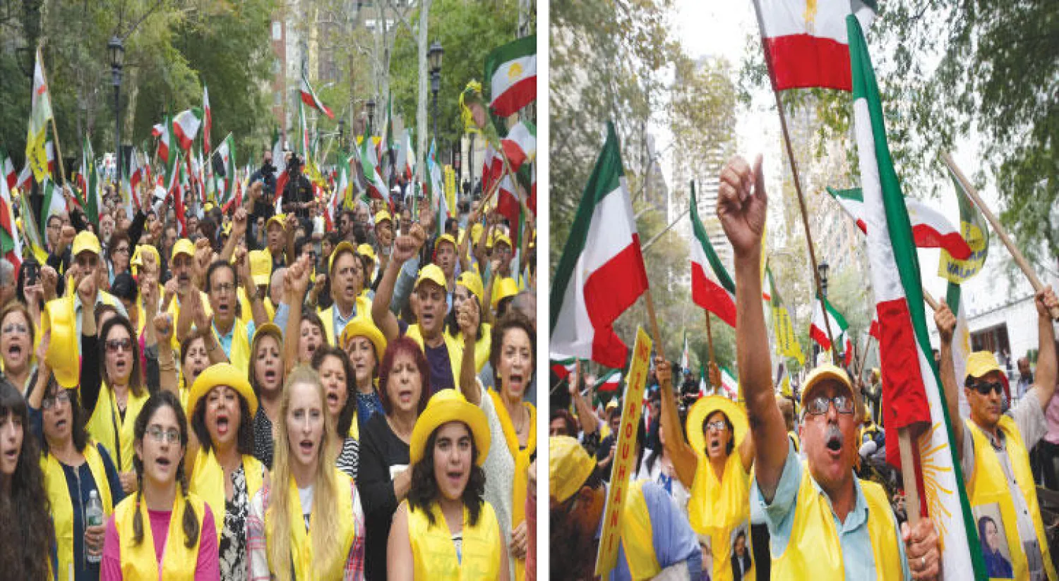 ناشطون يتظاهرون ضد الرئيس الإيراني، حسن روحاني، خارج مقر الأمم المتحدة في نيويورك أمس (أ. ب)، و متظاهرون أطلقوا تصريحات تنادي بتغيير النظام في إيران أمس (رويترز)