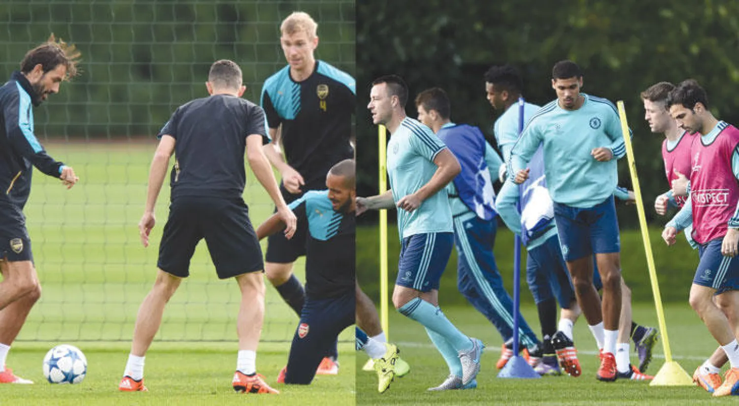 لاعبو تشيلسي يتدربون قبل مواجهة بورتو الصعبة (أ.ف.ب)  -  لاعبو آرسنال يستعدون لمواجهة أولمبياكوس (أ.ف.ب)
