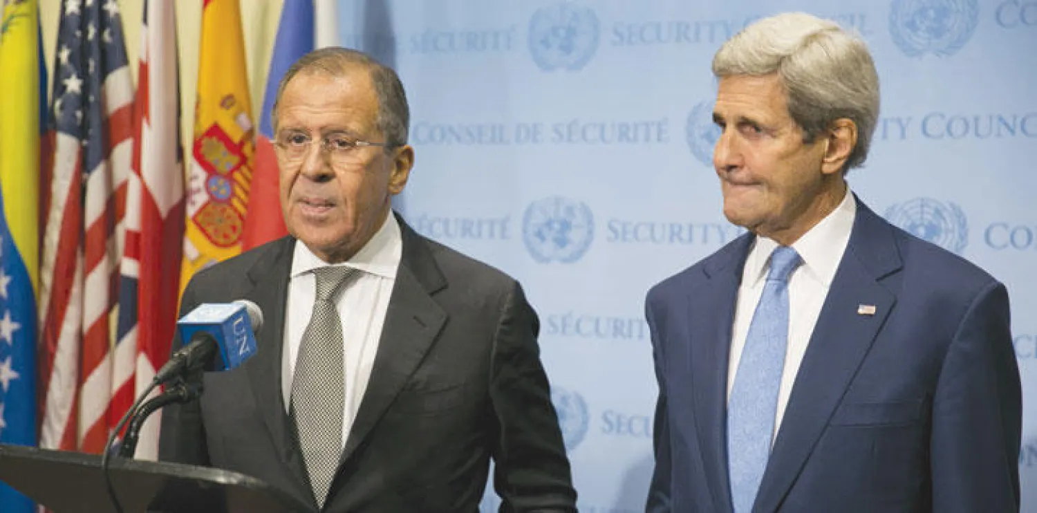 وزير الخارجية الأميركي جون كيري ونظيره الروسي سيرغي لافروف يتحدثان للصحافيين أول من أمس بعد لقائهما المشترك حول سوريا (أ.ف.ب)