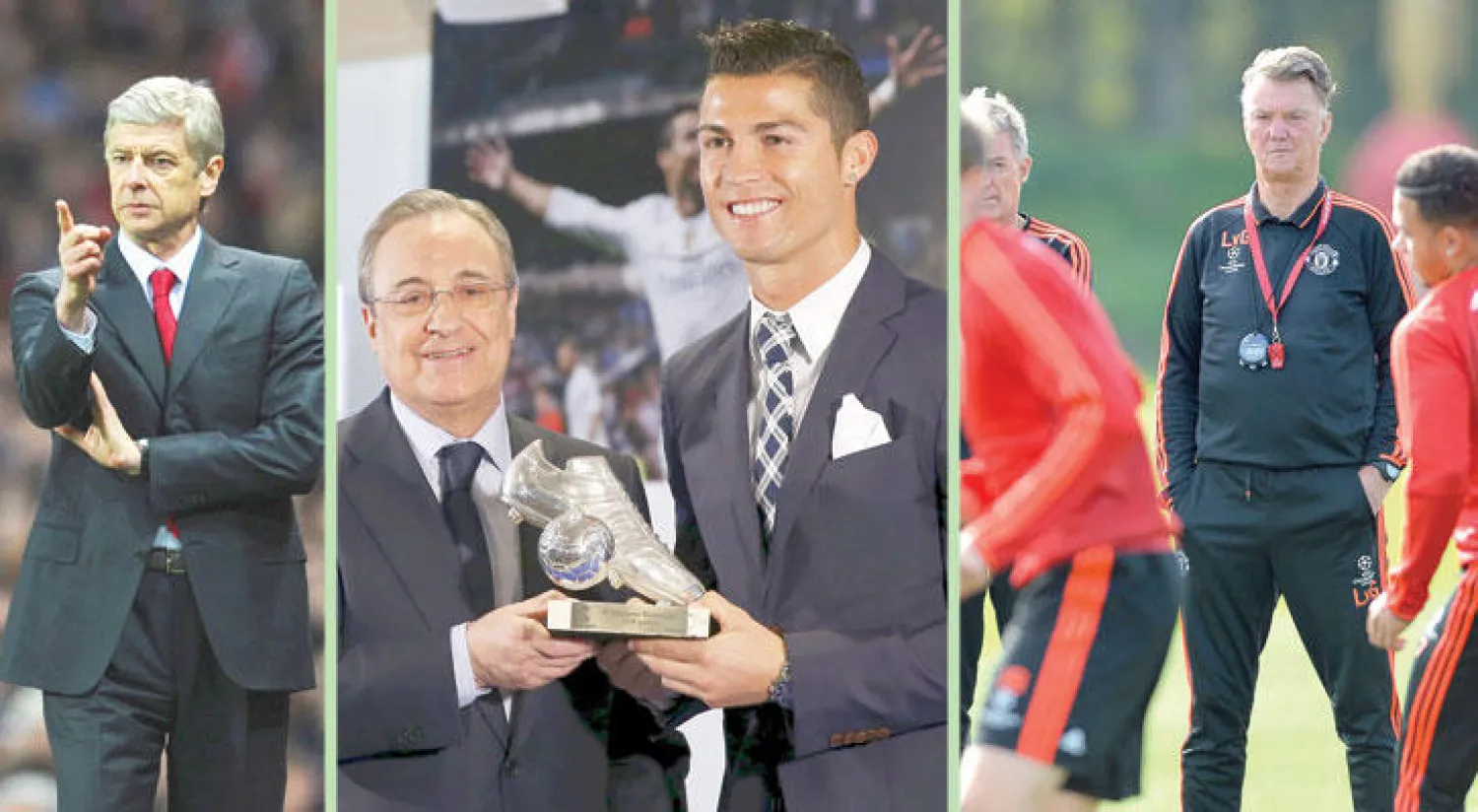 فان غال مدرب مانشستر يونايتد يراقب لاعبيه خلال التدريبات قبل مواجهة آرسنال (إ.ب.أ)  -  رونالدو يتلقى جائزة خاصة من رئيس ريـال مدريد بعد إنجازه الجديد (رويترز)  -  فينغر مدرب آرسنال أمام تحد صعب («الشرق الأوسط»)