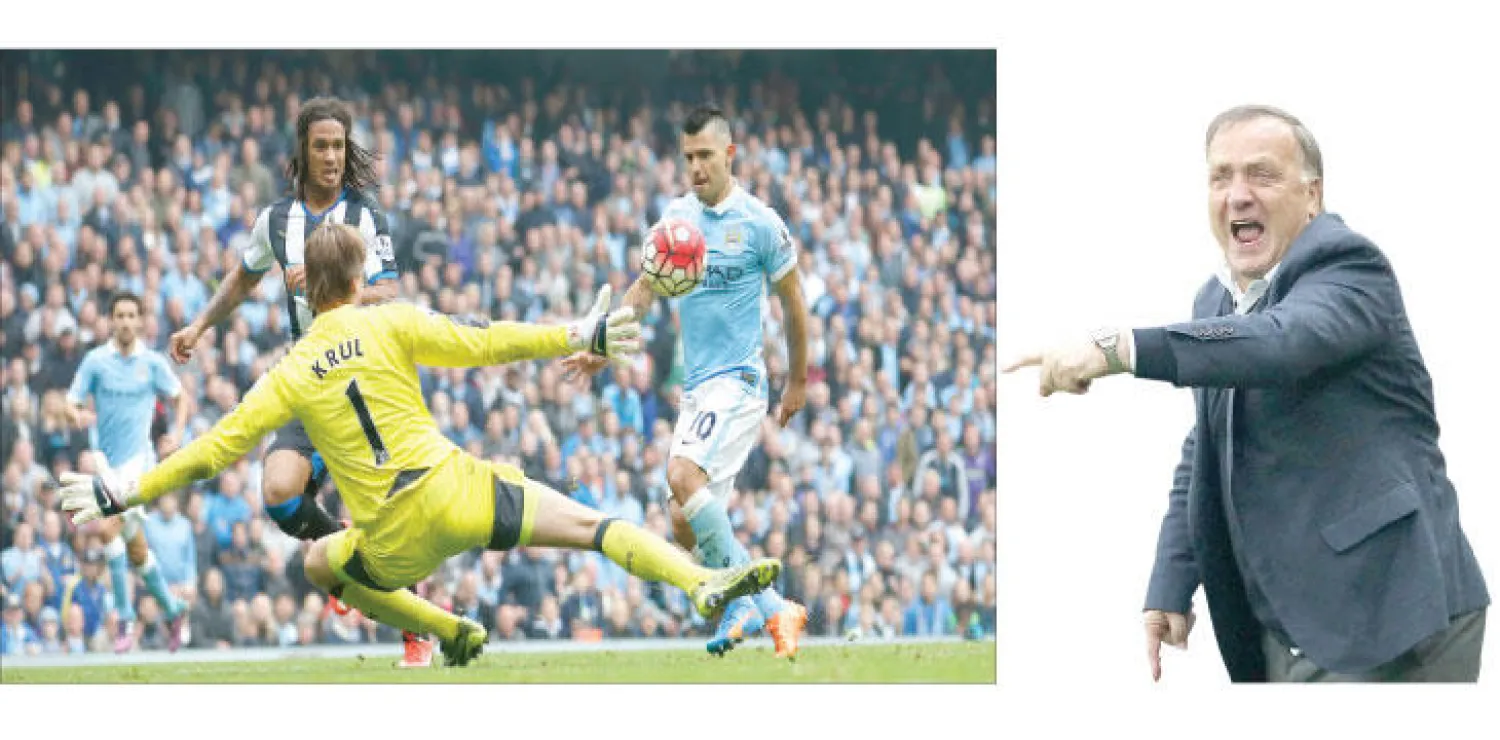 أدفوكات مدير سندرلاند سيرحل عن الفريق (أ.ف.ب)، أغويرو يسدد من فوق كارول حارس نيوكاسل محرزًا ثالث أهدافه من الخماسية (رويترز)