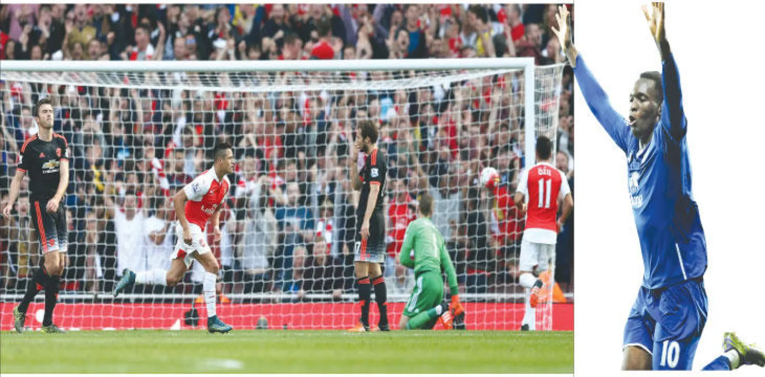 لوكاكو يحتفل بهدفه الذي منح إيفرتون التعادل (أ.ب)، سانشيز نجم آرسنال (في المنتصف) يحتفل بهدفه الثاني والثالث لفريقه في مرمى يونايتد (أ.ف.ب)