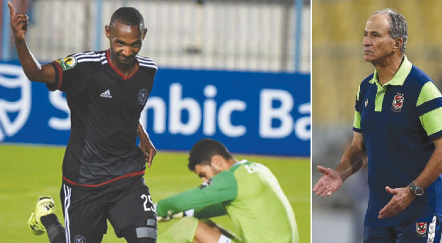 فتحي مبروك مدرب الأهلي (رويترز)  -  تابا لاعب أورلاندو يحتفل بينما يجلس إكرامي حارس الأهلي منكسرا (أ.ف.ب)