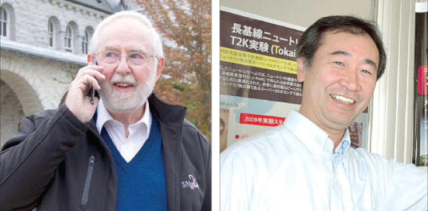 الياباني تاكاكي كاجيتا الذي يعمل أستاذا بجامعة طوكيو (أ.ب) والكندي أرثر بي مكدونالد أستاذ متفرغ بجامعة كوينز في كندا (رويترز)