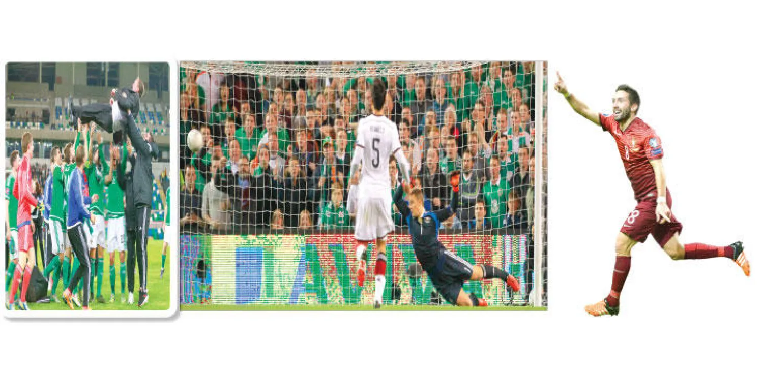 موتينيو يحتفل بهدفه الذي منح البرتغال بطاقة التأهل للنهائيات (أ.ف.ب)، و مانويل نوير حارس ألمانيا في محاولة فاشلة للتصدي لتسديدة الآيرلندي اشاين لونغ (أ.ب)، لاعبو منتخب آيرلندا الشمالية يحملون مدربهم احتفالا بالتأهل التاريخي لنهائيات أمم أوروبا (رويترز)