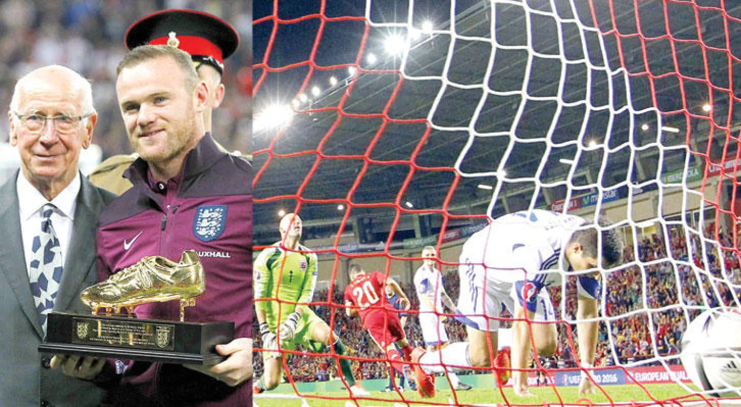 كازورلا نجم إسبانيا (رقم 20 الثاني يسار) يحتفل بهدفه في مرمى لوكسمبورغ (أ.ب)  -  بوبي شارلتون يكرم روني بالحذاء الذهبي لأكبر هدافي إنجلترا (أ.ف.ب)