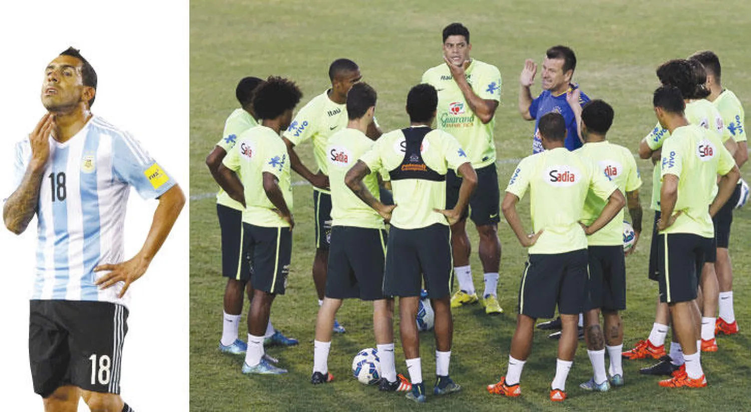 دونغا مدرب البرازيل يوجه لاعبيه في التدريبات أمس قبل مواجهة فنزويلا (رويترز)  -  تيفيز مطالب يتعويض غياب ميسي وأغويرو في منتخب الأرجنتين  (رويترز)