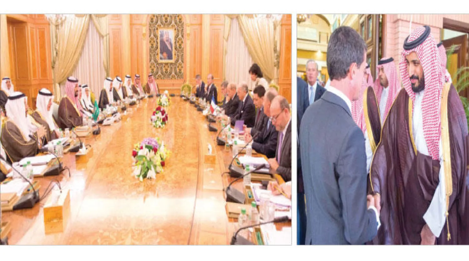 ولي ولي العهد السعودي لدى استقباله رئيس الوزراء الفرنسي إيمانويل فالس (واس)، و اللجنة السعودية ـــ الفرنسية خلال اجتماعها في الرياض أمس برئاسة ولي ولي العهد السعودي ووزير خارجية فرنسا بحضور أعضاء اللجنة من الجانبين (واس)