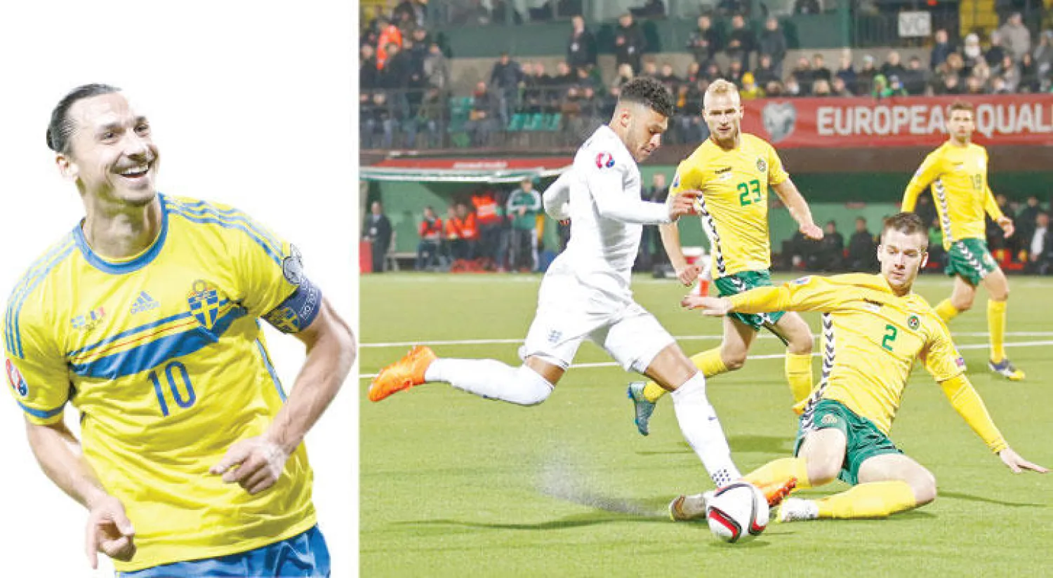 تشامبرلين مهاجم إنجلترا يصوب نحو مرمى ليتوانيا ليحسم انتصار فريقه (رويترز)  -  إبراهيموفيتش قاد السويد للفوز لكن عليه الانتظار للملحق (رويترز)