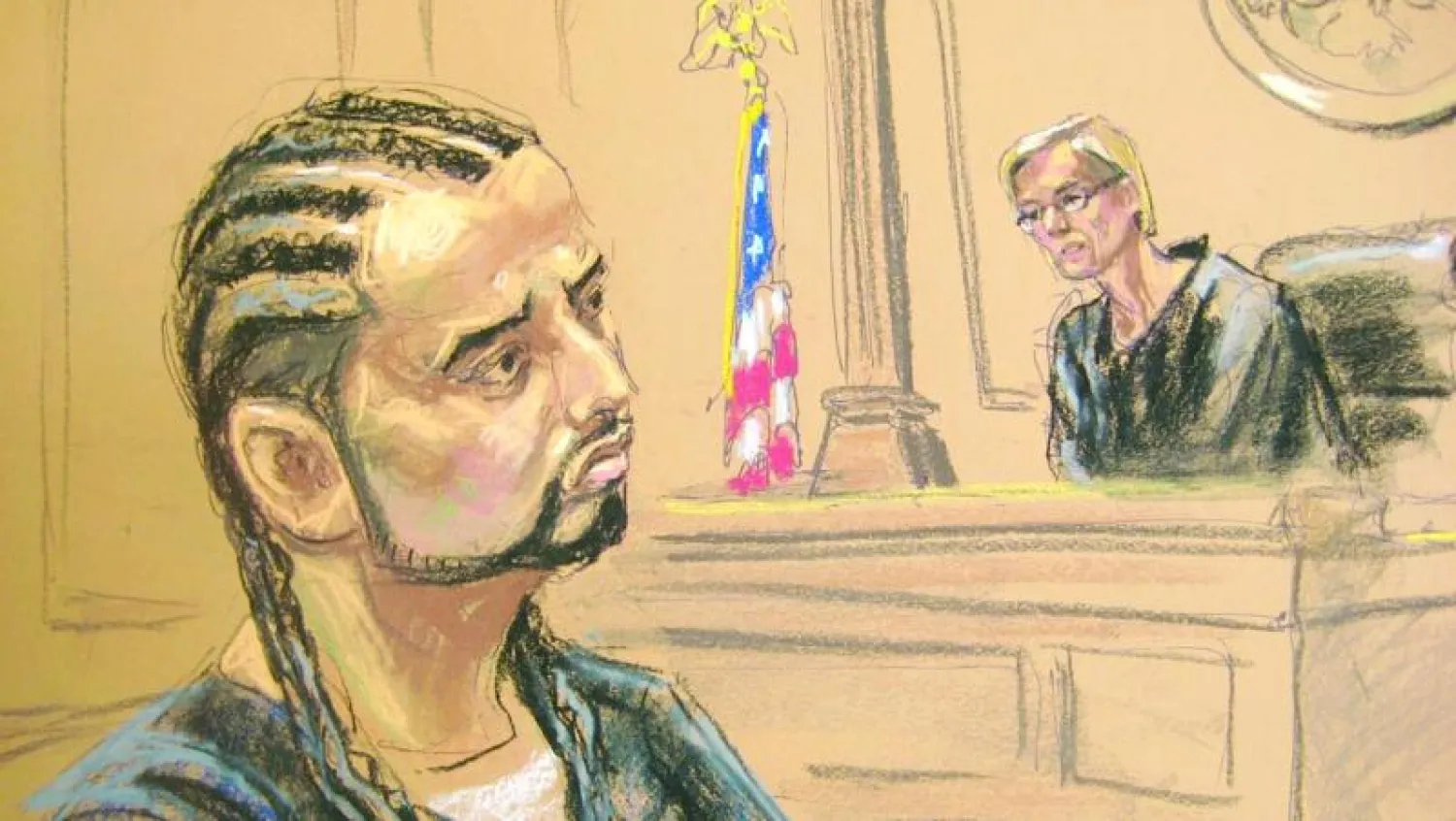 رسم لمساعد أبو حمزة المصري هارون السواط لدى مثوله  أمام محكمة فيدرالية في نيويورك أول من أمس (رويترز)