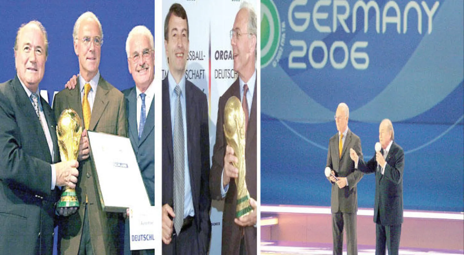 جوزيف بلاتر رئيس الفيفا وفرانز بيكنباور رئيس اللجنة المنظمة لمونديال 2006 في ذلك الوقت (إ.ب.أ)، صورة أرشيفية لبكنباور رئيس اللجنة المنظمة للبطولة ونائبه نيرسباخ الرئيس الحالي للاتحاد الألماني (رويترز)، ثلاثي مشتبه به نيرسباخ وبيكنباور وبلاتر (إ.ب.أ)