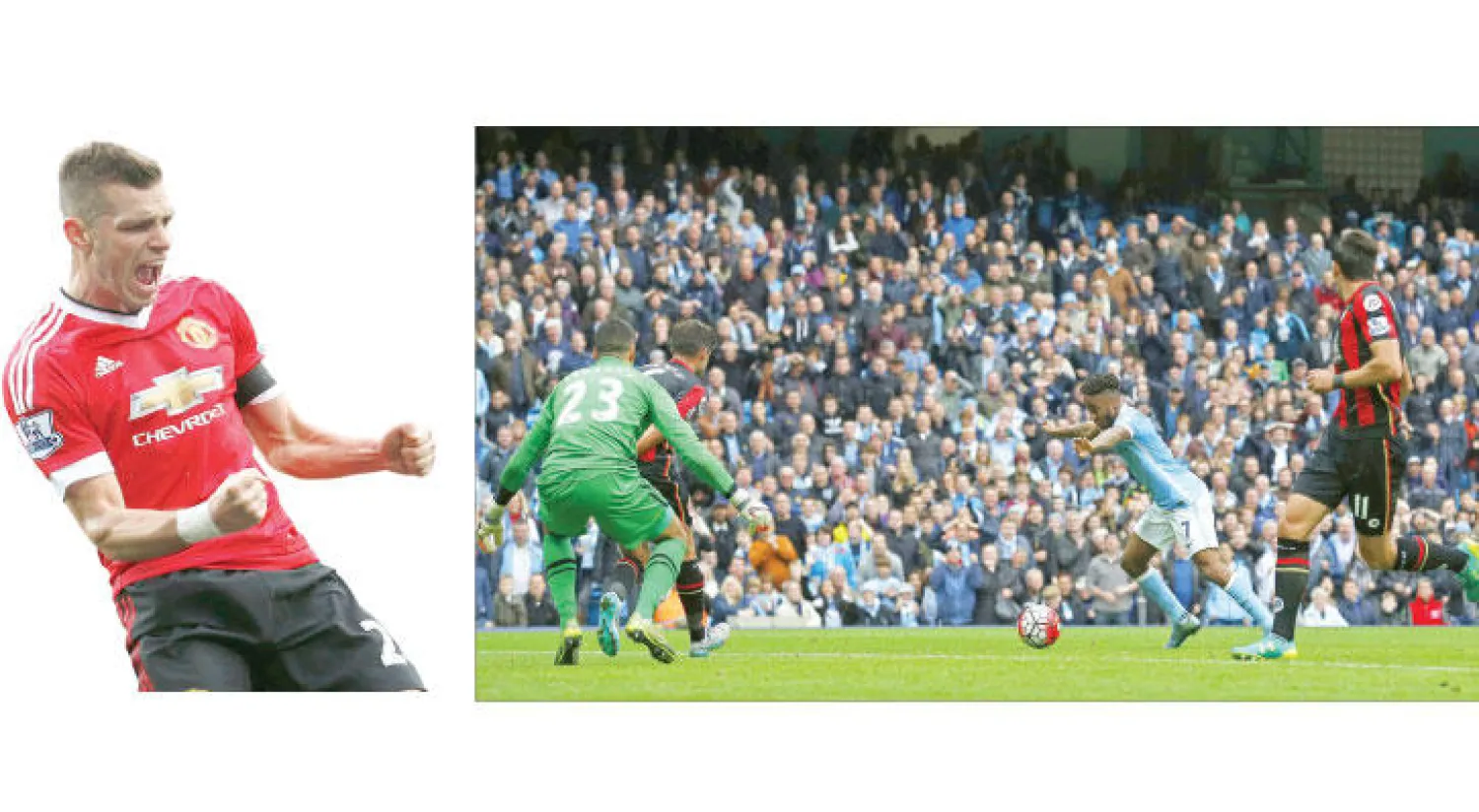 ستيرلينغ مهاجم تشيلسي يتأهب ليسدد ويحرز هدفه الثالث (أ.ف.ب)، شنايدرلان بعد افتتاحه ثلاثية مانشستر يونايتد (رويترز)