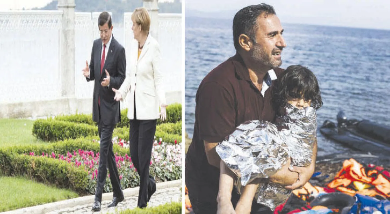 مهاجر يحمل ابنته بعد وصولهما مع آخرين إلى جزيرة ليسبوس من تركيا أمس (أ.ف.ب)، ميركل وأوغلو يتجولان في حديقة القصر العثماني بإسطنبول أمس (رويترز)