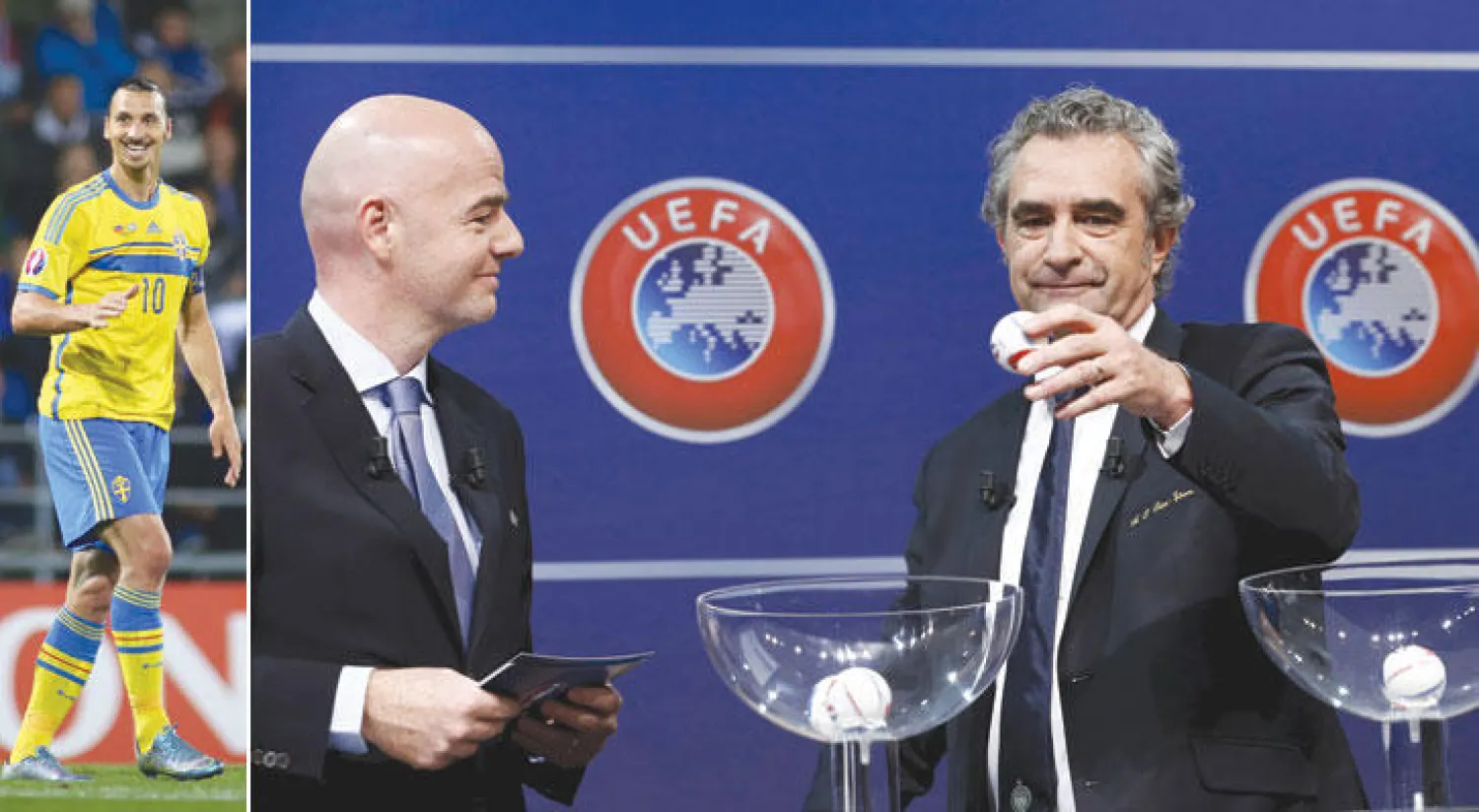 روشتو نجم فرنسا السابق يسحب قرعة الملحق بجوار إنفانتينو الأمين العام للاتحاد الأوروبي (رويترز)  -  إبراهيموفيتش يقود أحلام السويد للتأهل للنهائيات (أ.ف.ب)