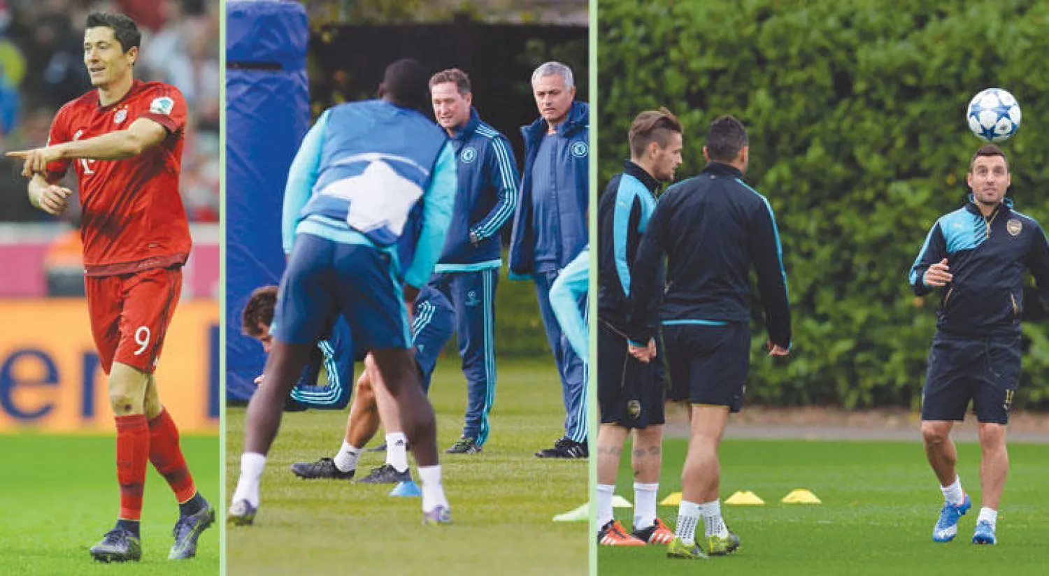 لاعبو آرسنال يتوسطهم كازورلا خلال التدريبات أمس (أ.ف.ب)  -  مورينهو يراقب تدريبات تشيلسي متطلعا لفوز جديد (رويترز)  -  ليفاندوفيسكي ورقة بايرن ميونيخ الرابحة (إ.ب.أ)