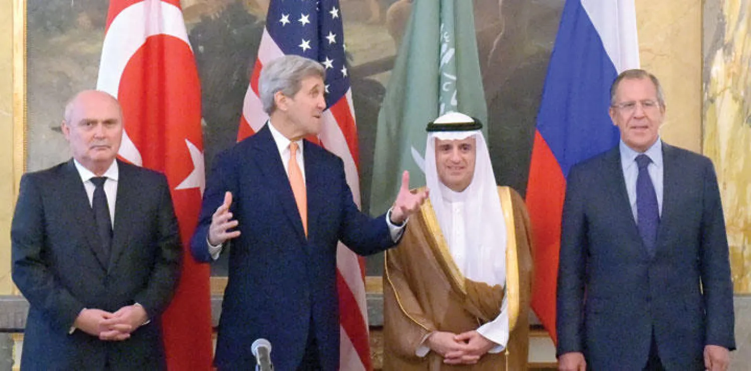 وزراء خارجية السعودية وروسيا وأميركا وتركيا أثناء اجتماعهم في العاصمة النمساوية فيينا أمس (إ.ب.أ)