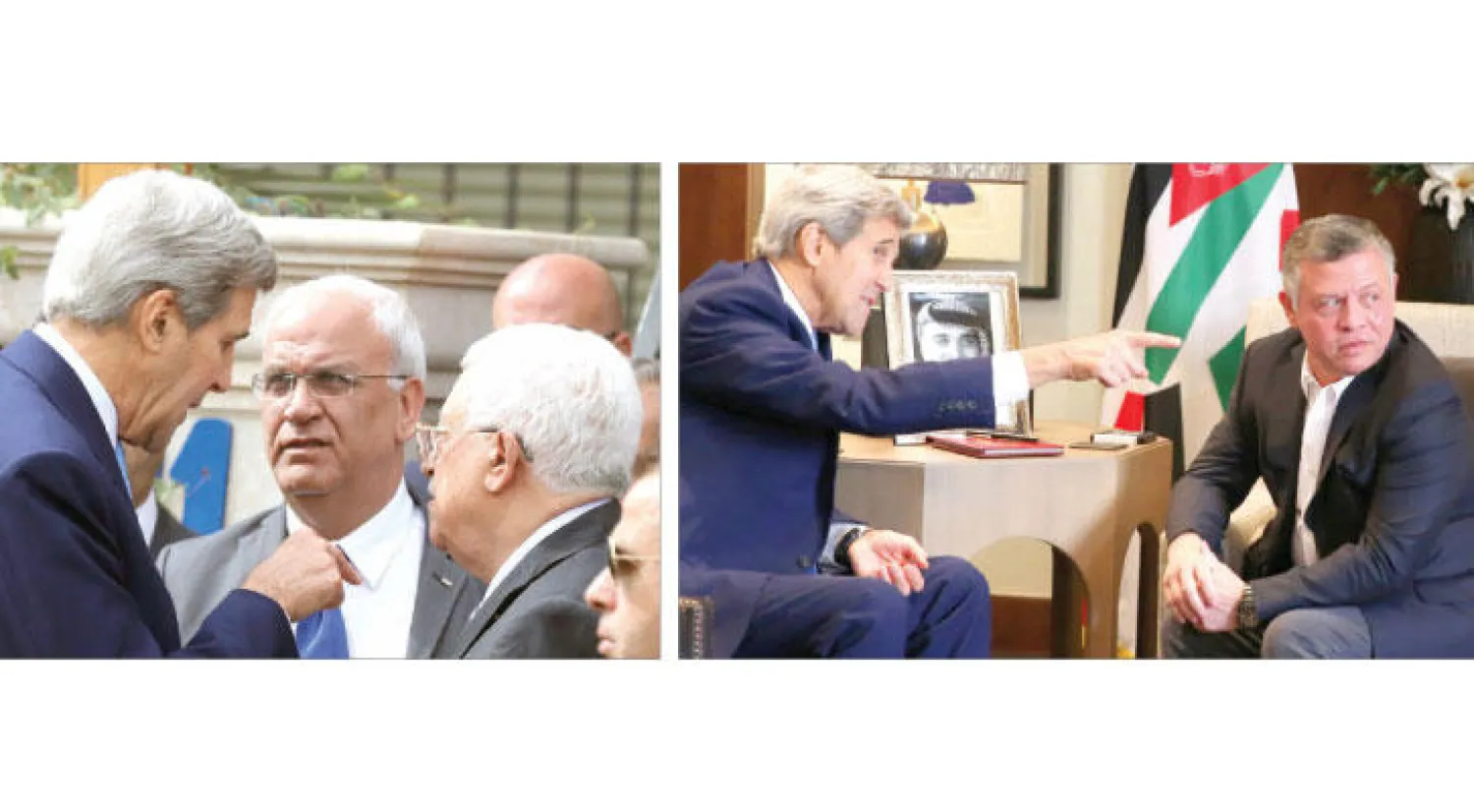 العاهل الأردني مجتمعًا بكيري في عمان أمس (أ.ف.ب)، .. والرئيس الفلسطيني يستمع إليه خلال استقباله في مقر إقامته بعمان أمس وبدا في الوسط صائب عريقات (إ.ب.أ)