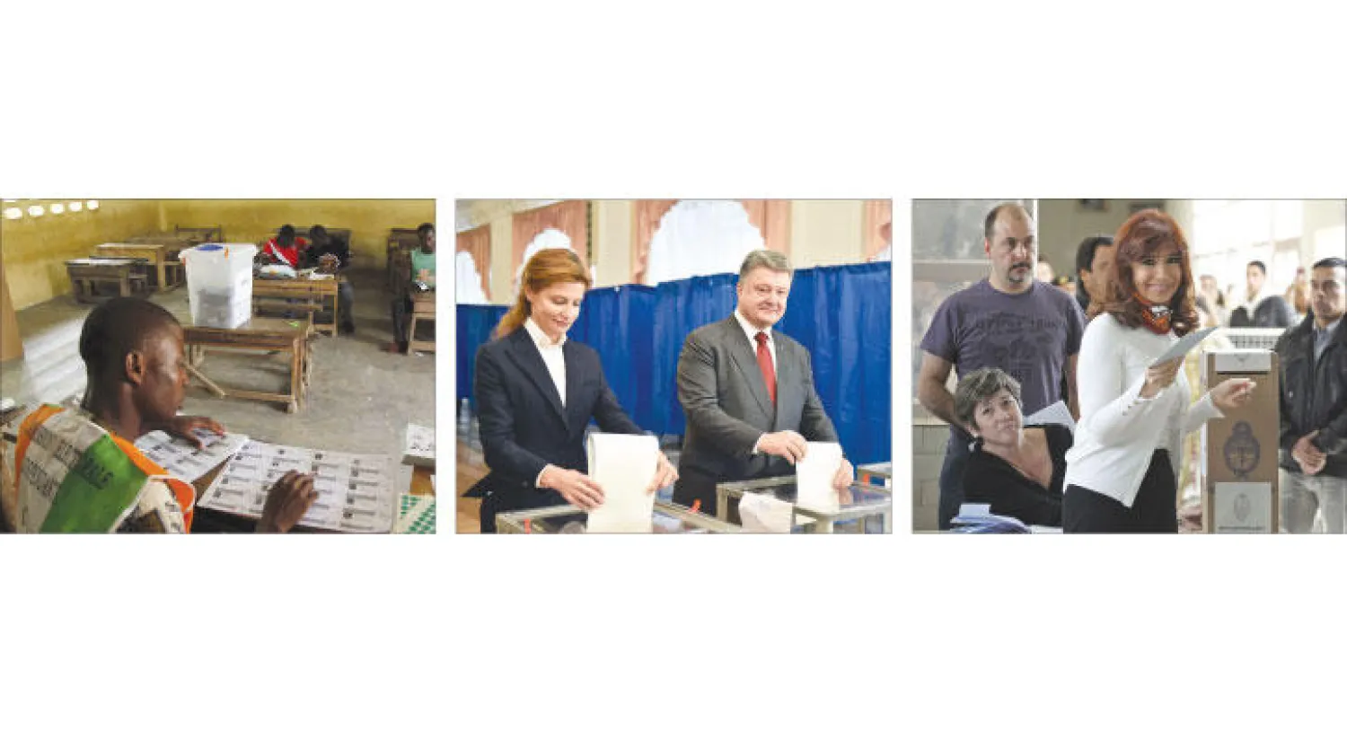 الرئيسان الأرجنتينية كريستينا كيرشنر (يمين) و الأوكراني بترو بوروشينكو وعقيلته يدلون بأصواتهم.. فيما ينتظر مسؤول عاجي الناخبين في مركز اقتراع بأبيدجان أمس (أ.ف.ب ورويترز)