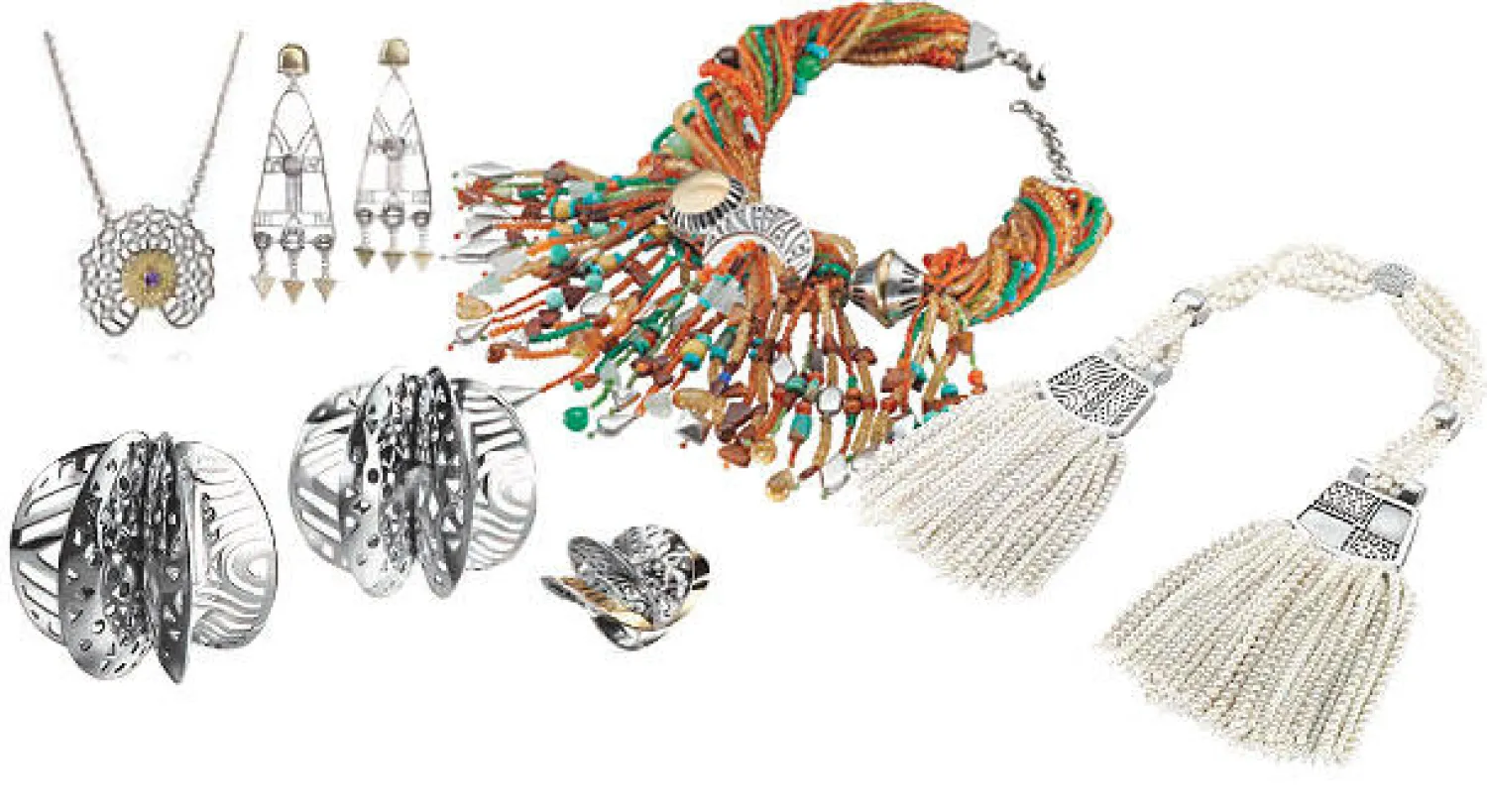 عقد «أوغاندا» بشراشيب مصنوعة من العقيق الناعم و عقد من العقيق الملون و خاتم مالي و أقراط أذن «ماساي» و أقراط أذن «فولاني» و سلسال مستوحى من أسلوب باساري