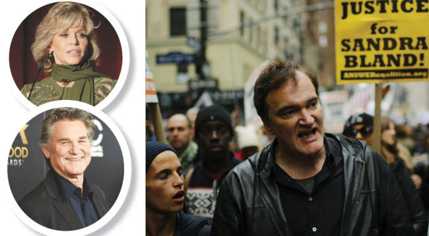 كونتين تارانتينو في المظاهرة  -   جين فوندا  -   الممثل كيرت راسل أحد أبطال فيلم «الثمانية الكارهون»