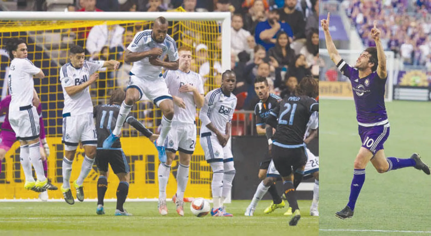 البرازيلي كاكا نجم أورلاندو سيتي («الشرق الأوسط»)  -  بيرلو نجم نيويورك سيتي يسدد ركلة حرة من فوق حائط صد فريق فانكوفر في الدوري الأميركي (أ.ب)