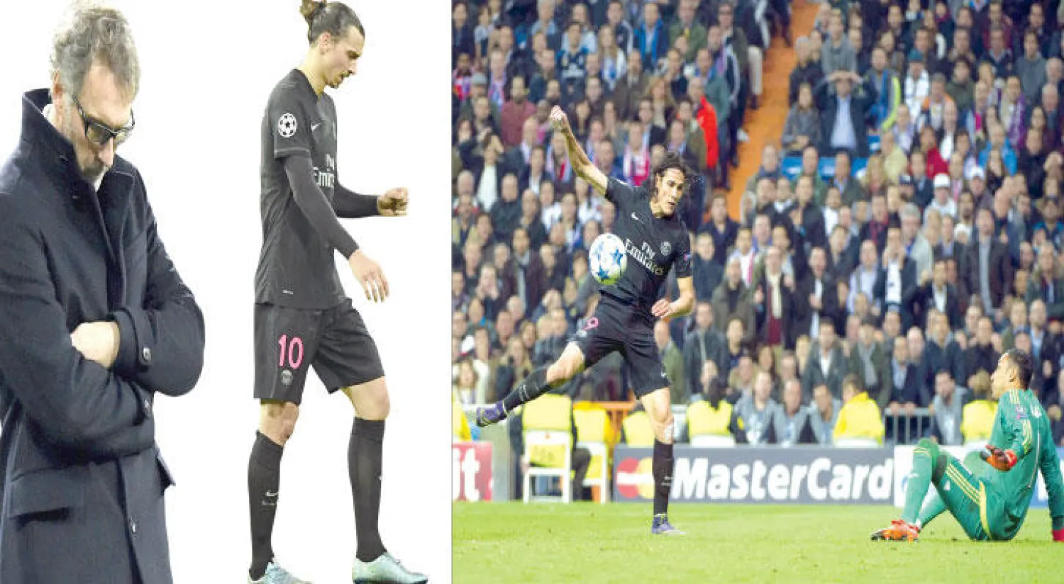 كافاني انفرد بحارس ريال مدريد أكثر من مرة ولم يستطع هز الشباك، إبراهيموفيتش نجح محليا وفشل أوروبيا، لوران بلان مدرب سان جيرمان (أ.ف.ب)