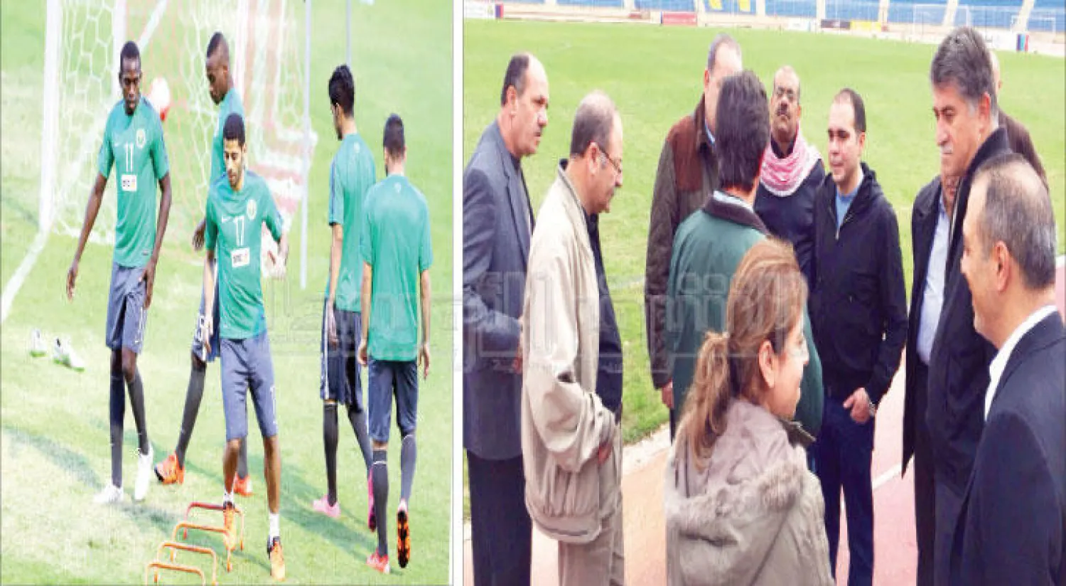 الأمير علي بن الحسين خلال زيارته ملعب المباراة للاطمئنان على صلاحيته بعد الأمطار ({الشرق الأوسط})، من تدريبات المنتخب السعودي في الأردن أمس (تصوير: عبد العزيز النومان)