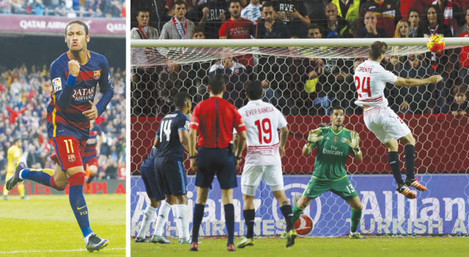 ليورنتي مهاجم إشبيلية يسدد برأسه في شباك مرمى ريـال مدريد (رويترز)  -  نيمار يسحر جماهير برشلونة بأهدافه الرائعة (رويترز)