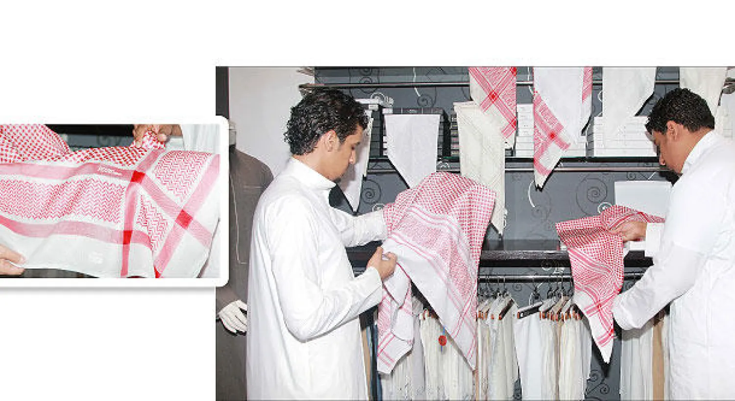 تختلف جودة الشماع حسب الخيوط المستعملة فيه ودقة غزلها (تصوير: سلمان مرزوقي) والشماغ المصنوع في إنجلترا أو سويسرا مرغوب فيه أكثر (تصوير: سلمان مرزوقي)