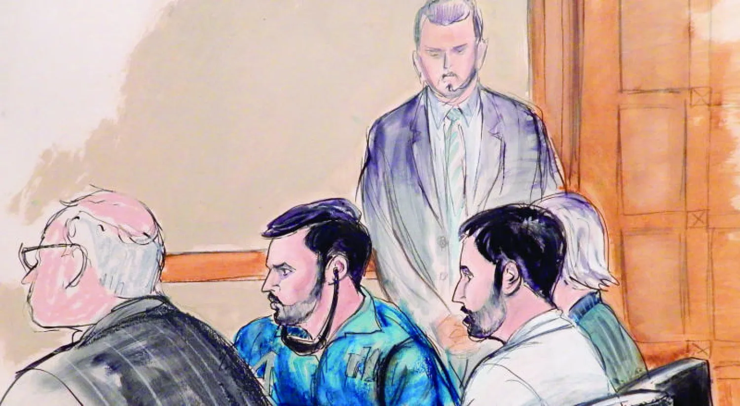 رسم للمتهمين ايفراين كامبو فلوريس وفرانشيسكو فلوريس دي فريتاس خلال مثولهما أمام محكمة في مانهاتن أول من أمس (أ.ب)