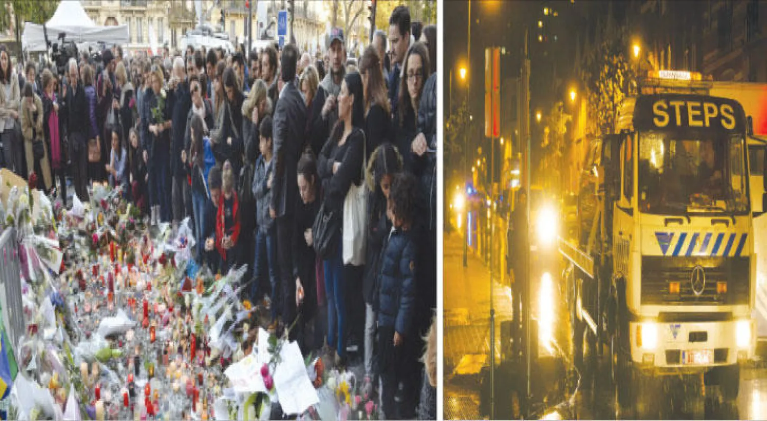 سيارة تم الحجز عليها في حي مولنبيك البلجيكية يشتبه بأن لها علاقة باعتداءات باريس (أ. ف. ب)، جمع غفير من أهالي باريس يتجمعون في موقع ووضع باقات زهور للترحم على ضحايا هجمات باريس أمس (أ. ف. ب)