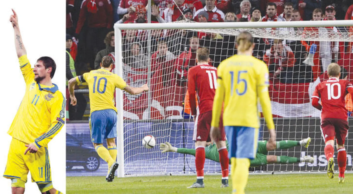 إبراهيموفيتش نجم السويد (يسار) يسجل من ركلة جزاء في مرمى الدنمارك (أ.ف.ب)  -   سيليزنيوف يحتفل بهدفه الذي حسم الفوز لأوكرانيا على سلوفينيا (إ.ب.أ)