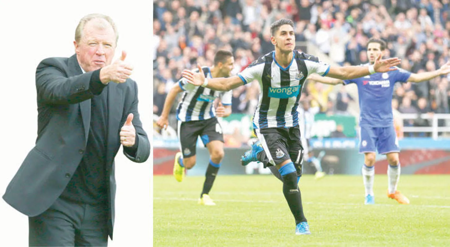 بيريز يحتفل بهدفه في مرمى تشيلسي هذا الموسم (رويترز)  -  ماكلارين مدرب نيوكاسل يتمسك بوجود بيريز (رويترز)